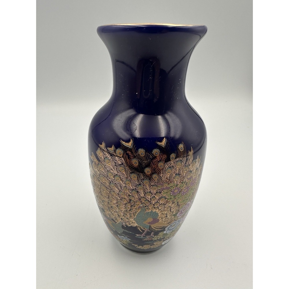 Vintage Japanese Minature Vase 5"‎ Cobalt and gold hand painted peacock